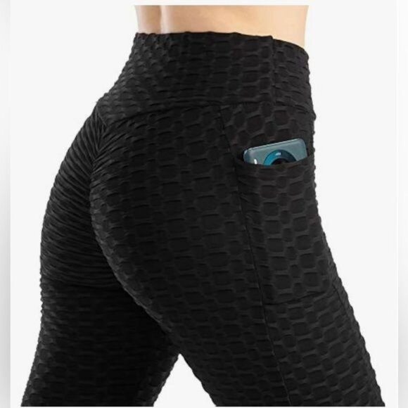 High-Waisted Black Textured Leggings With Pockets For Women Small Size 92% Nylon - Picture 2 of 6